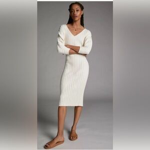 Maeve Maris Midi Cream Ribbed Knit Dress Anthropologie Xs